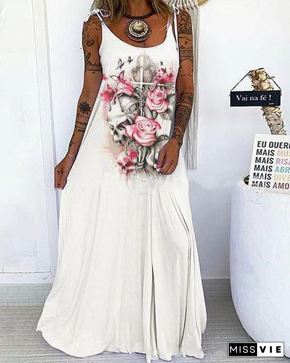 Multiple Color Skull&Rose Print Lace up Spaghetti-Strap Maxi Dress