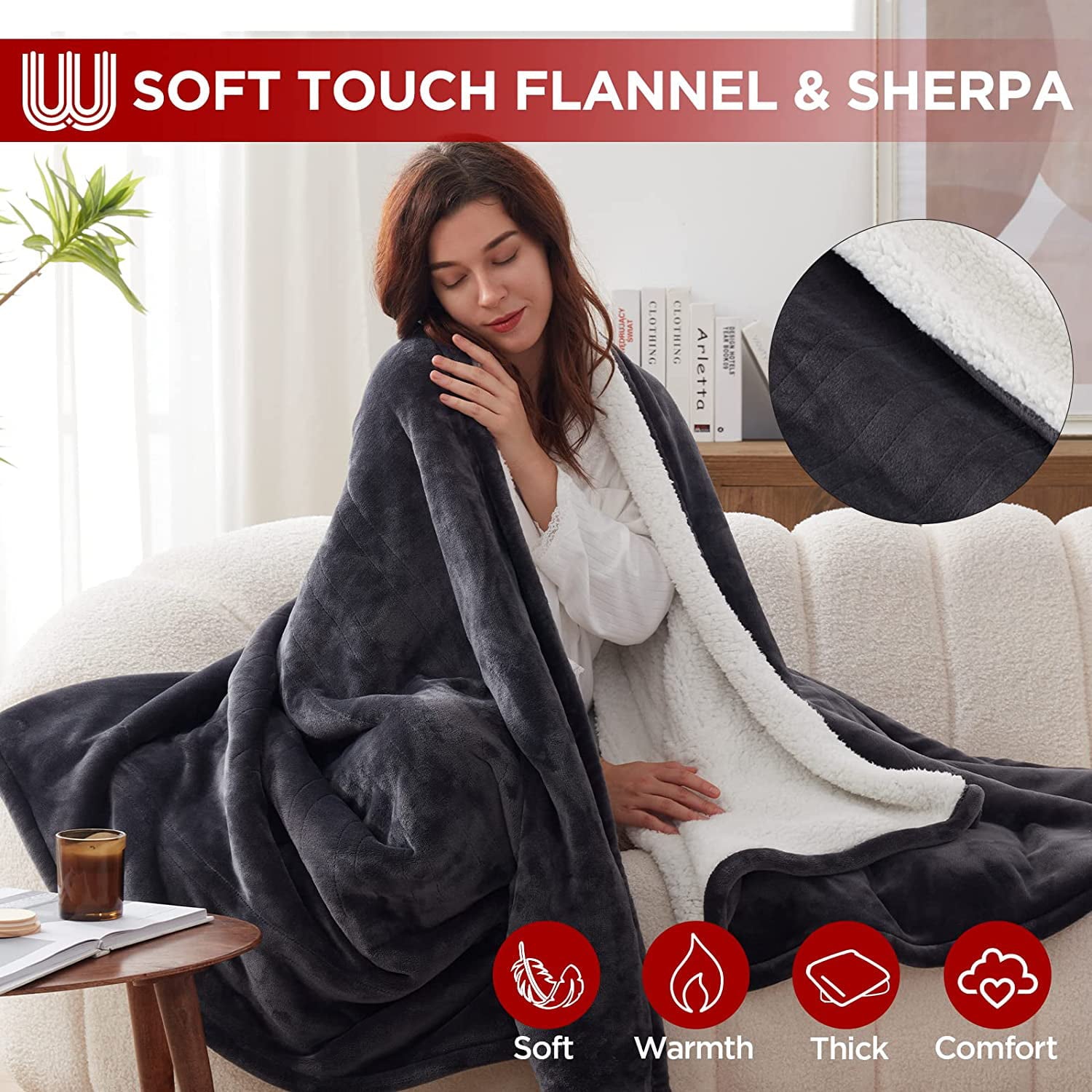 Warmrest Electric Throw Blanket Heated Blanket with 6 Heating Levels and 4 Hours Auto Shut Off， Flannel to Sherpa Super Cozy Heating Blanket， Machine Washable， 50