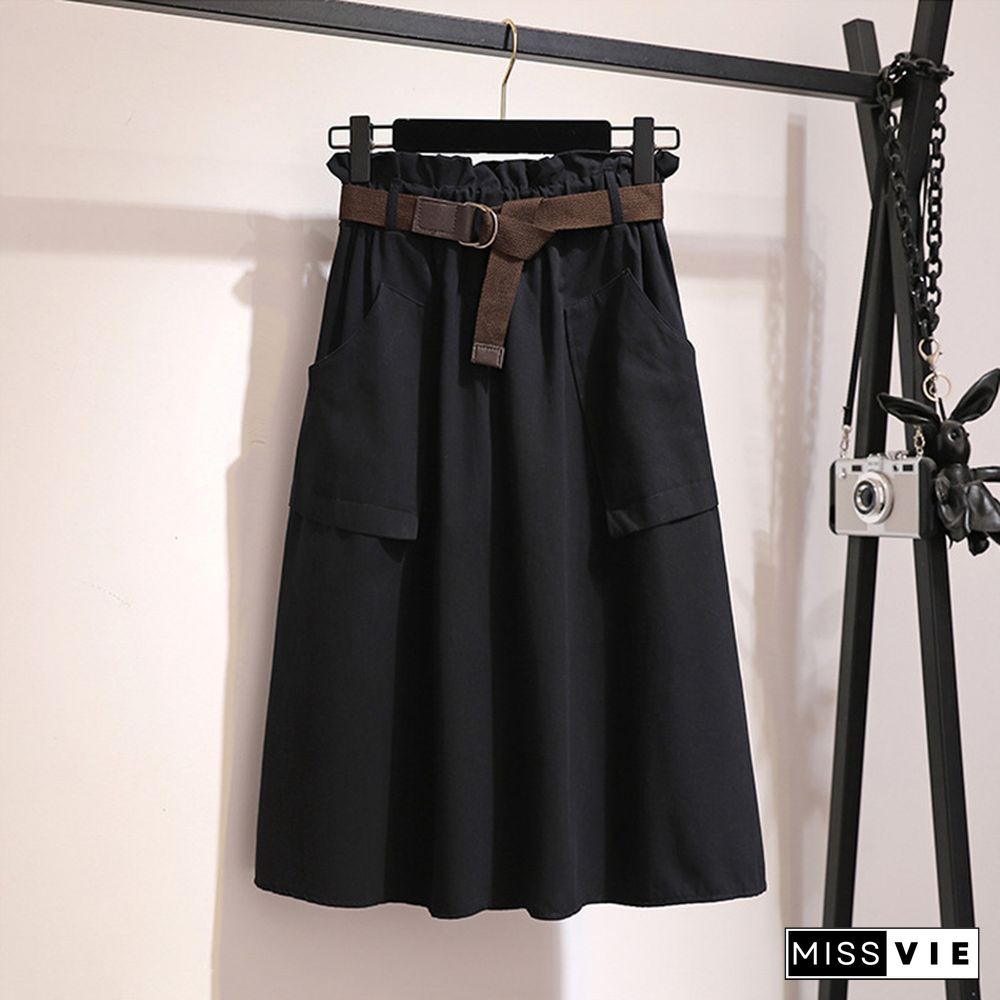 Midi Knee Length Summer Skirt Women With Belt Spring Casual Cotton Solid High Waist Sun School Skirt Female