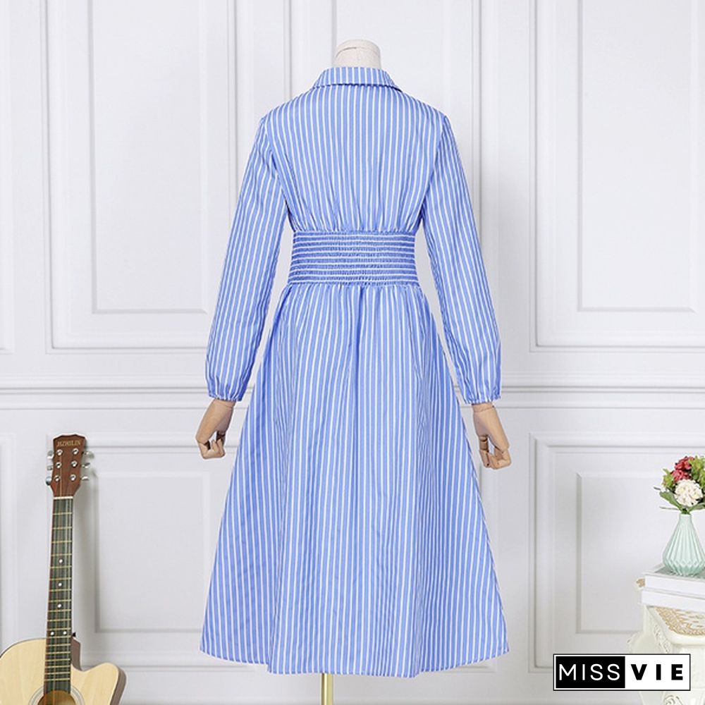 Stylish Women Summer Long Sleeve Strped Shirt Dress Plus Size A Line Casual Dresses