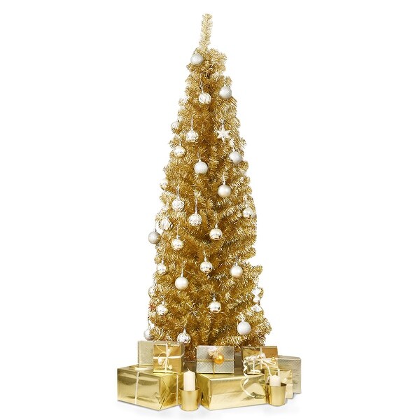 Costway 6FT Tinsel Tree Slim Pencil Christmas Tree Silver Champagne