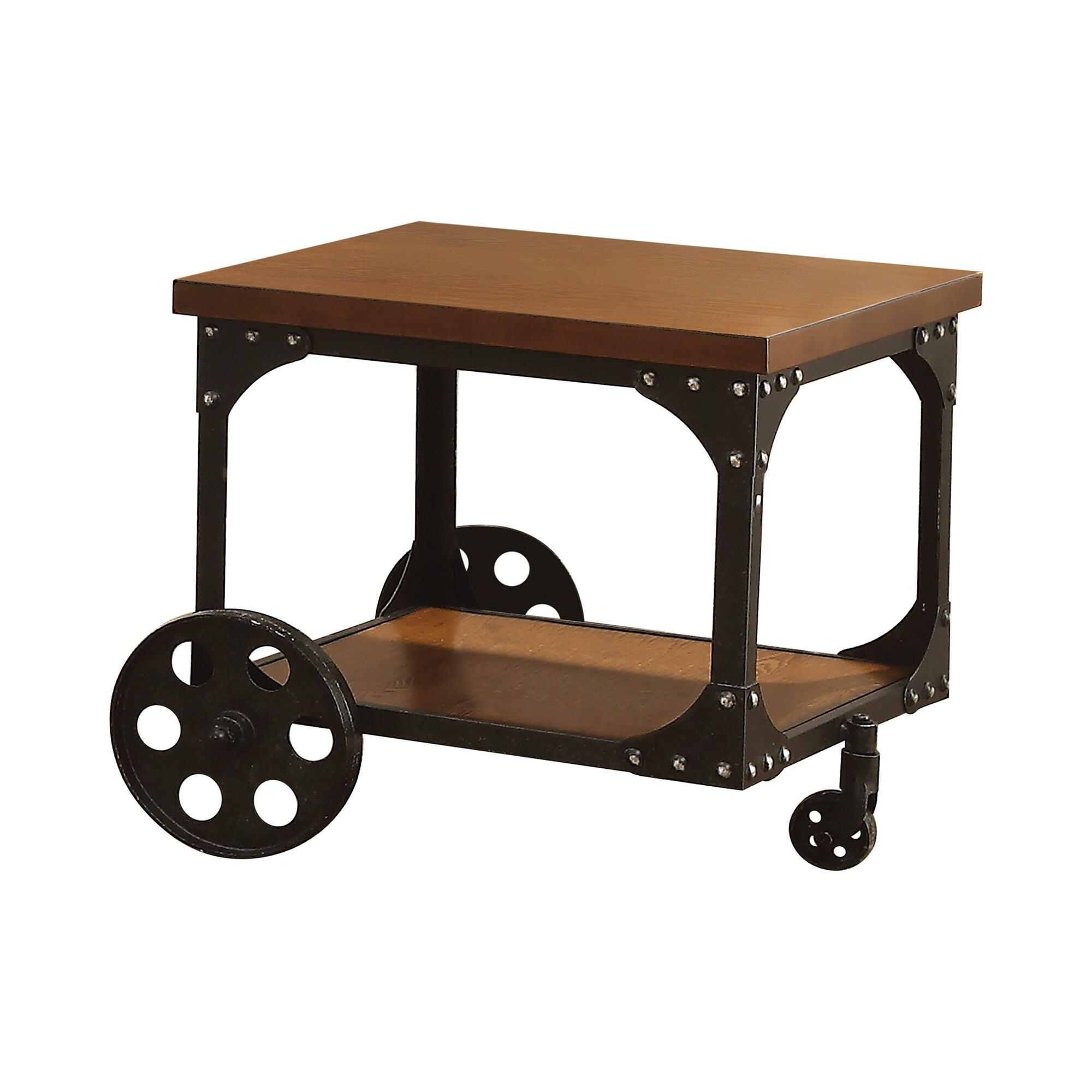 Wood End Table with Casters， Rustic Brown