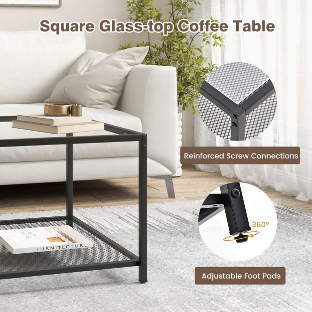 Costway Glass Coffee Table 27 5 Inch 2 tier Square With Mesh Shelf Living Room Grey transparent