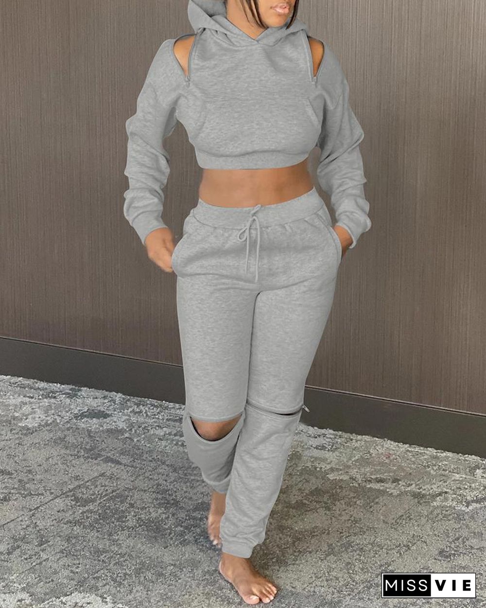 Cutout Crop Hooded Top & Drawstring Pants Set P11176