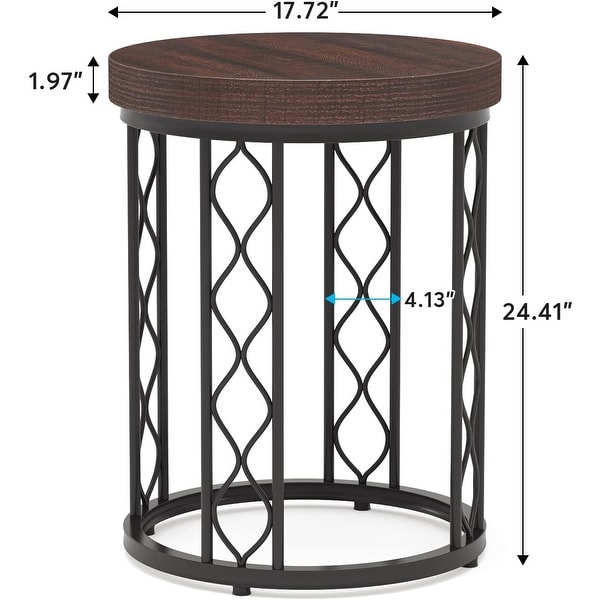 Wood Round End Table，Industrial Side Tabe Nightstand with Metal Frame - Rustic Brown