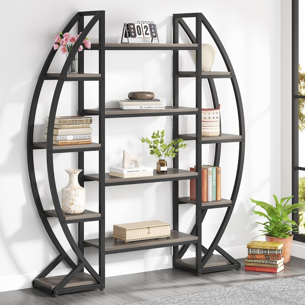 Industrial Bookshelf  Oval Triple Wide 5 Tiers Etagere Bookcase   11.81\