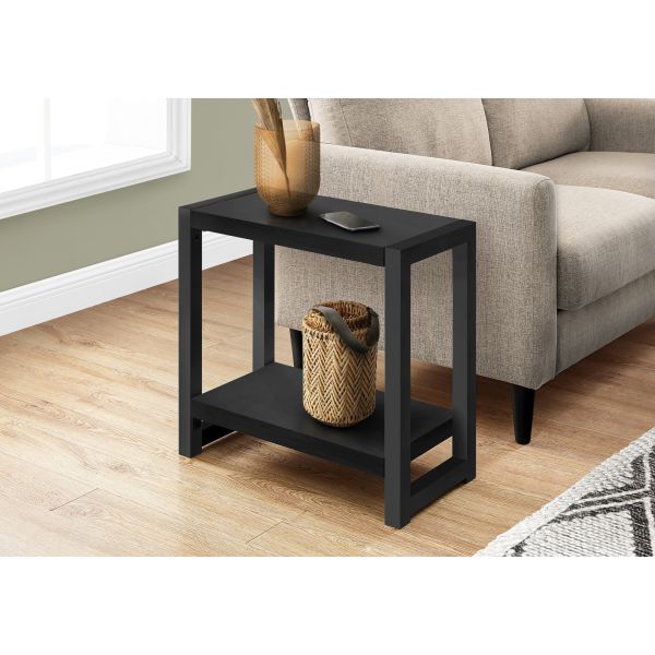 Accent Table， Side， End， Narrow， Small， 2 Tier， Living Room， Bedroom， Black Laminate， Black Metal， Contemporary， Modern