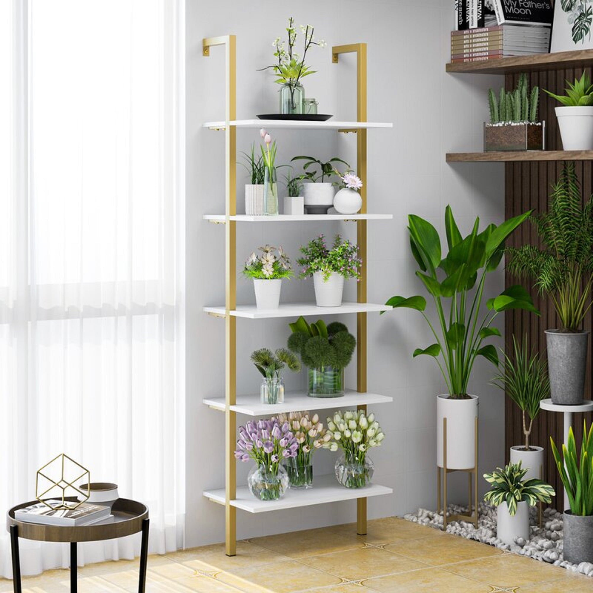 Homfa Wall Mounted Iron Bookcase, 5 Tiers Ladder Shelves with Gold Frame, White Finish