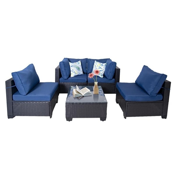 5 Pieces AllWeather PE Wicker Conversation Set with Navy Blue Cushions and Glass Table