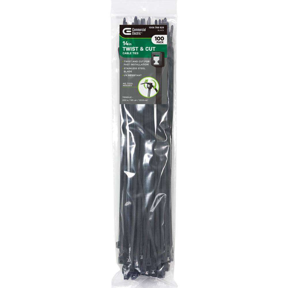 Commercial Electric 14 in. Twist and Cut Cable Tie Black (100-Pack) GTSC-370STUV (100)