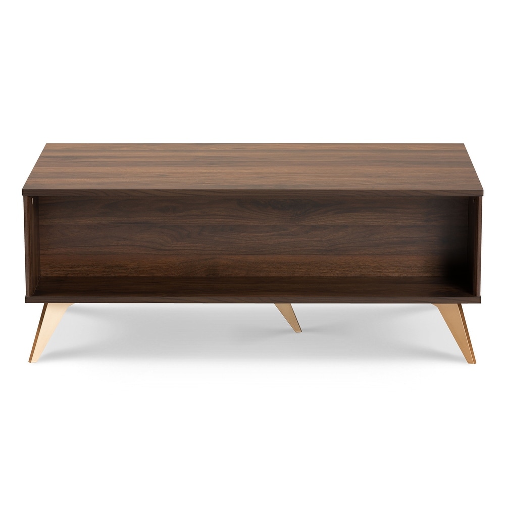 Edel Mid Century Walnut Brown and Gold Finished Wood Coffee Table