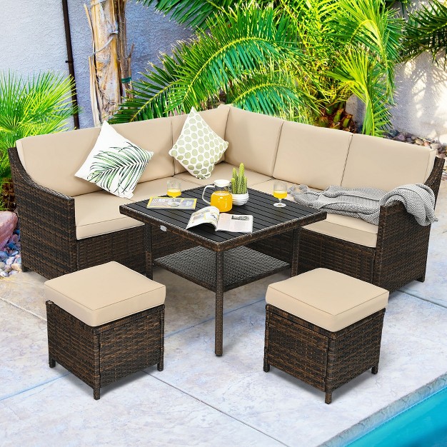 Costway 6pcs Patio Rattan Dining Sofa Furniture Set Ottoman Table Lower Shelf