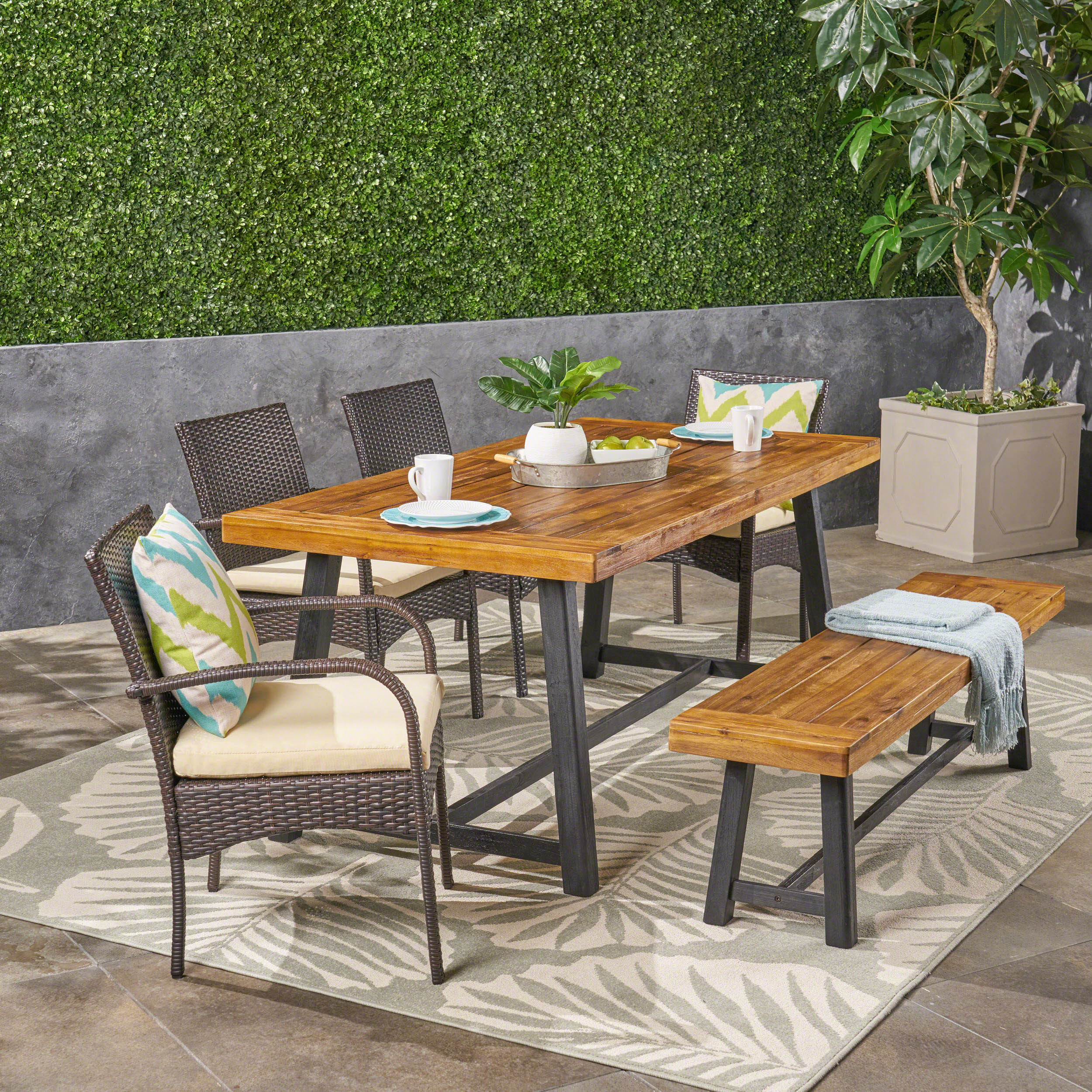 Ross Outdoor 6 Piece Dining Set with Stacking Wicker Chairs and Bench, Sandblast Teak and Black and Multi Brown