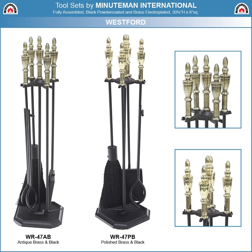 Minuteman International Westford Fireplace Set of 4 Tools  30.5 Inch Tall  Antique Brass and Black