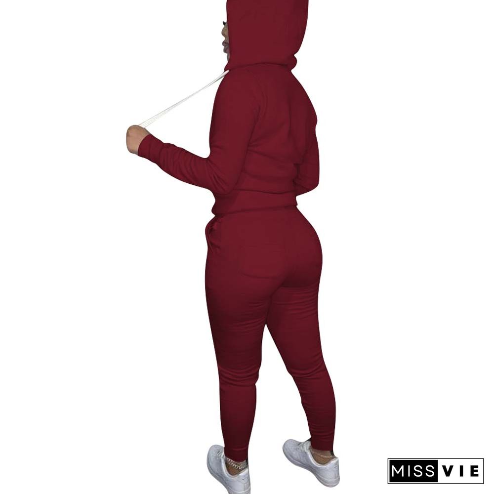 Solid Hooded Zip Sweatshirt Top Drawstring Pants Set