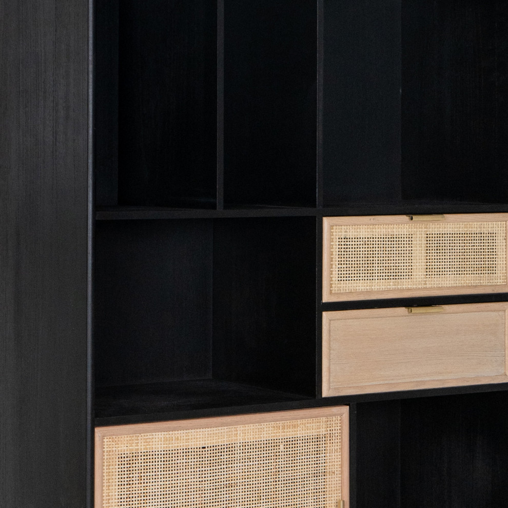 Benzara BM285151 Bookcase  6 Unique Shelves  4 Rattan Drawers  Black  Brown   Midcentury   Bookcases   by Uber Bazaar  Houzz