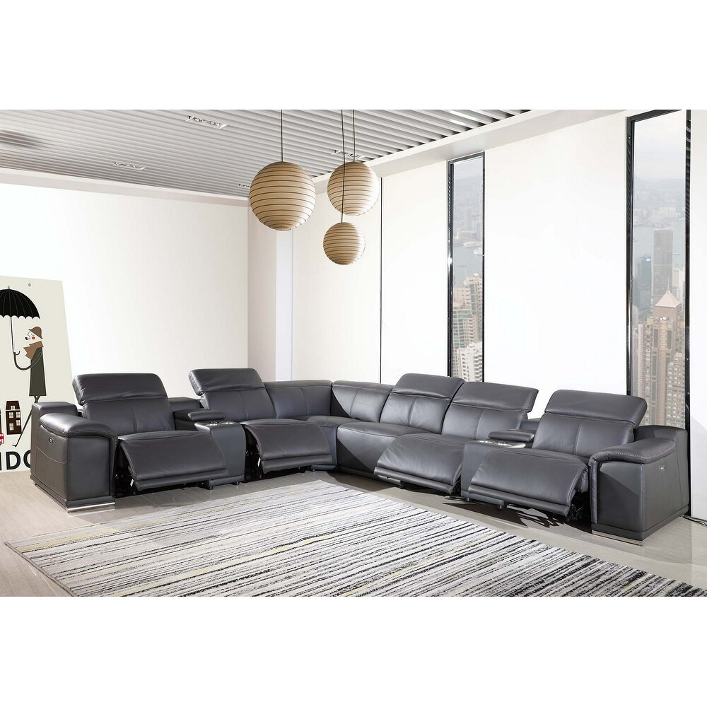 HomeRoots Gray Italian Leather Power Reclining U Shaped Eight Piece Corner Sectional With Console   267