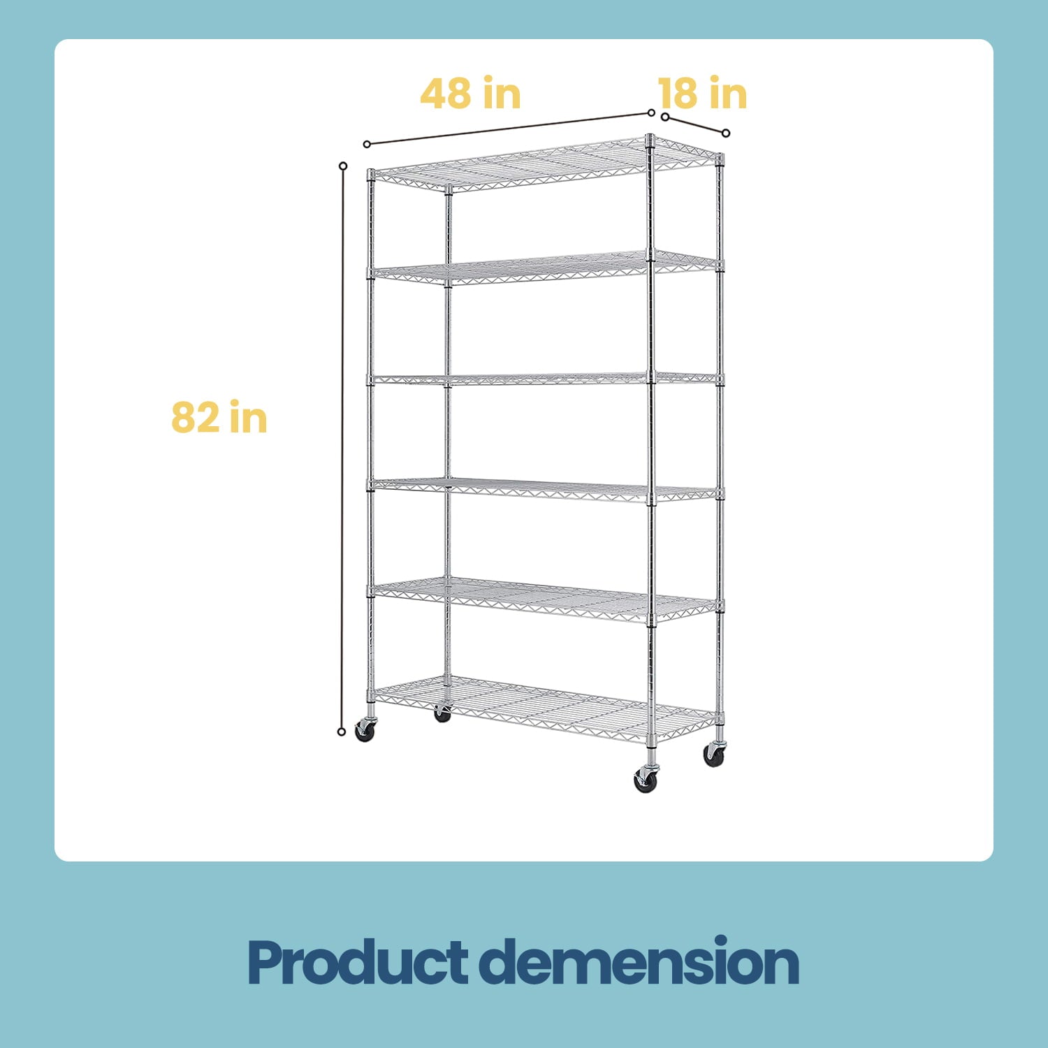 6-Tier Wire Shelving Unit Heavy Duty Height Adjustable NSF Certification Utility Rolling Steel Commercial Grade with Wheels for Kitchen Bathroom Office 2100LBS Capacity-18x48x82, Chrome