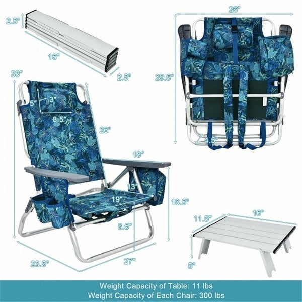 2Pack 5-Position Outdoor Folding Beach Table Chair Reclining Chair Set - Overstock - 35911043