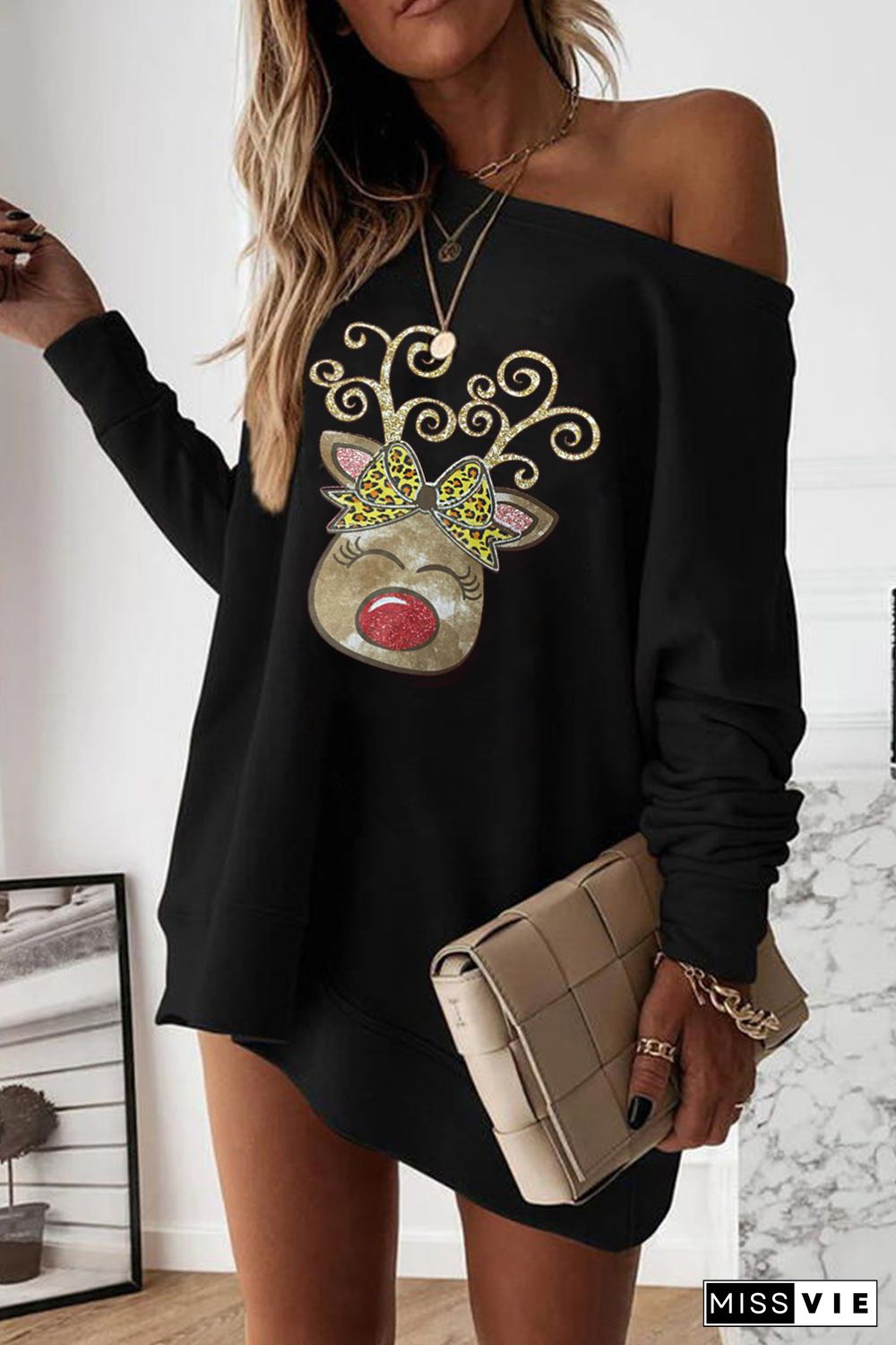 Black Christmas Animal Print Sweatshirt Mini Dress