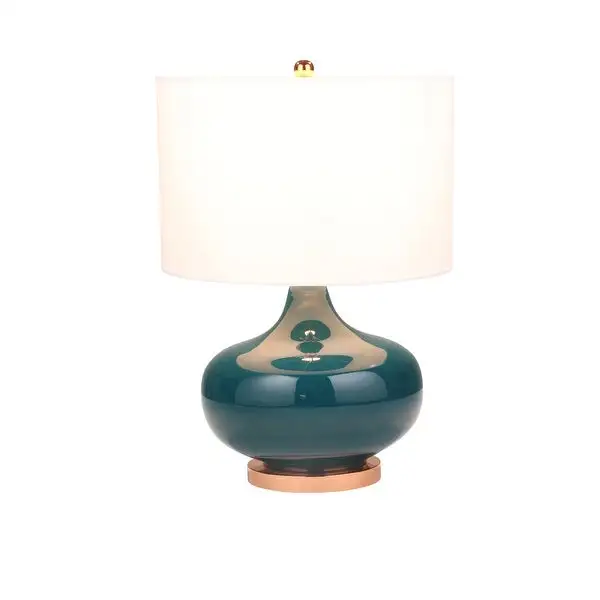 Drum Fabric Shade Table Lamp with Glass Bellied Shape Support， Green