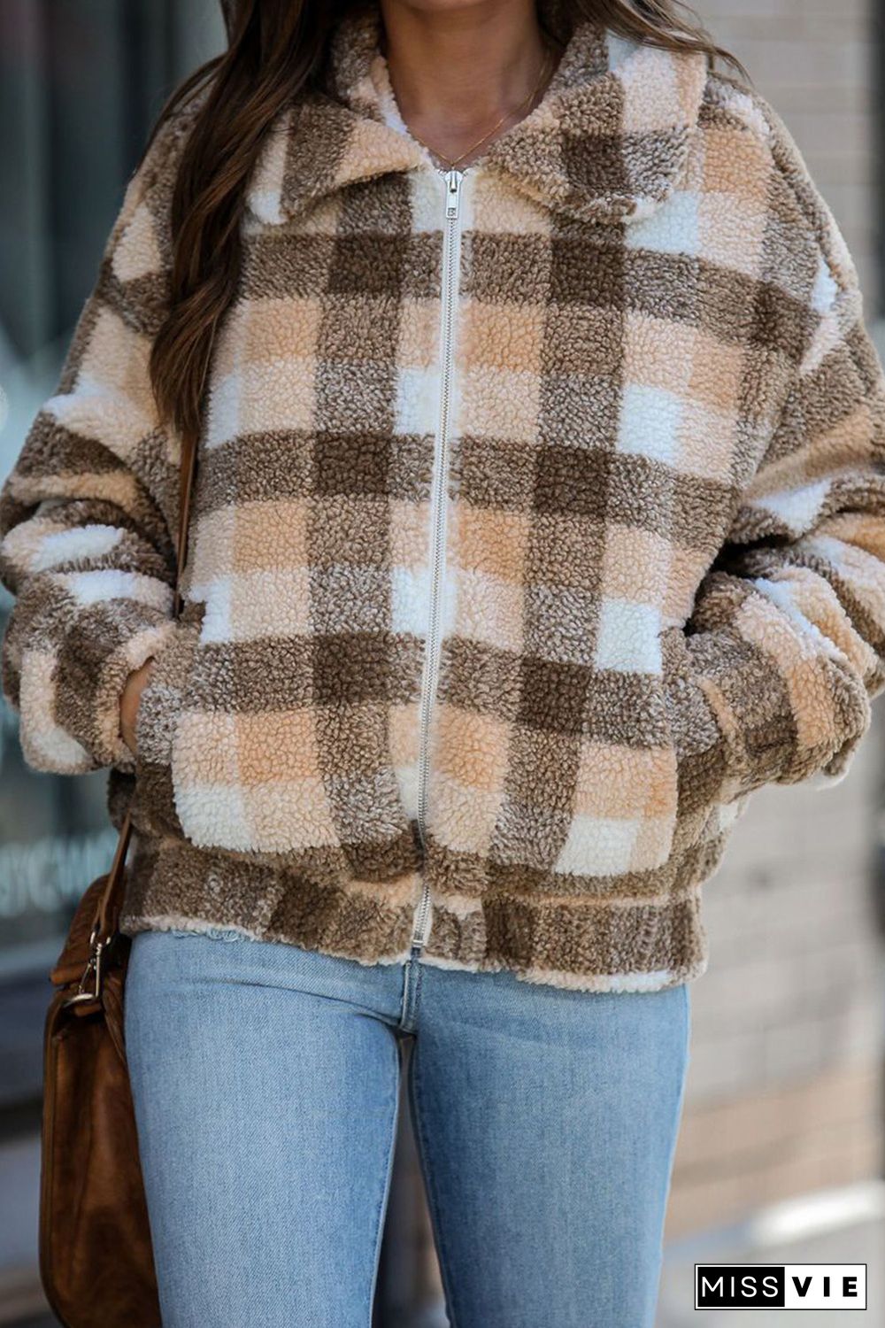 Brown Plaid Print Sherpa Jacket Coat