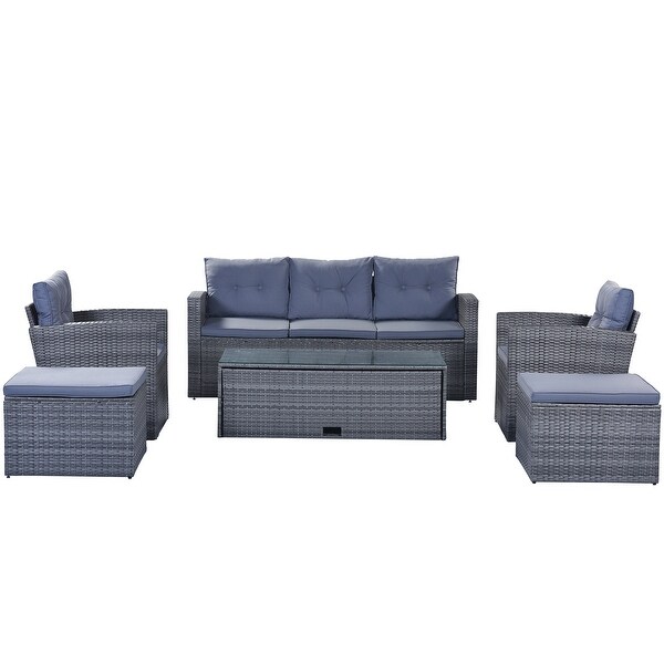 6Piece Patio Outdoor Conversation Set，AllWeather PE Rattan Sectional Sofa with Coffee Table and Ottomans