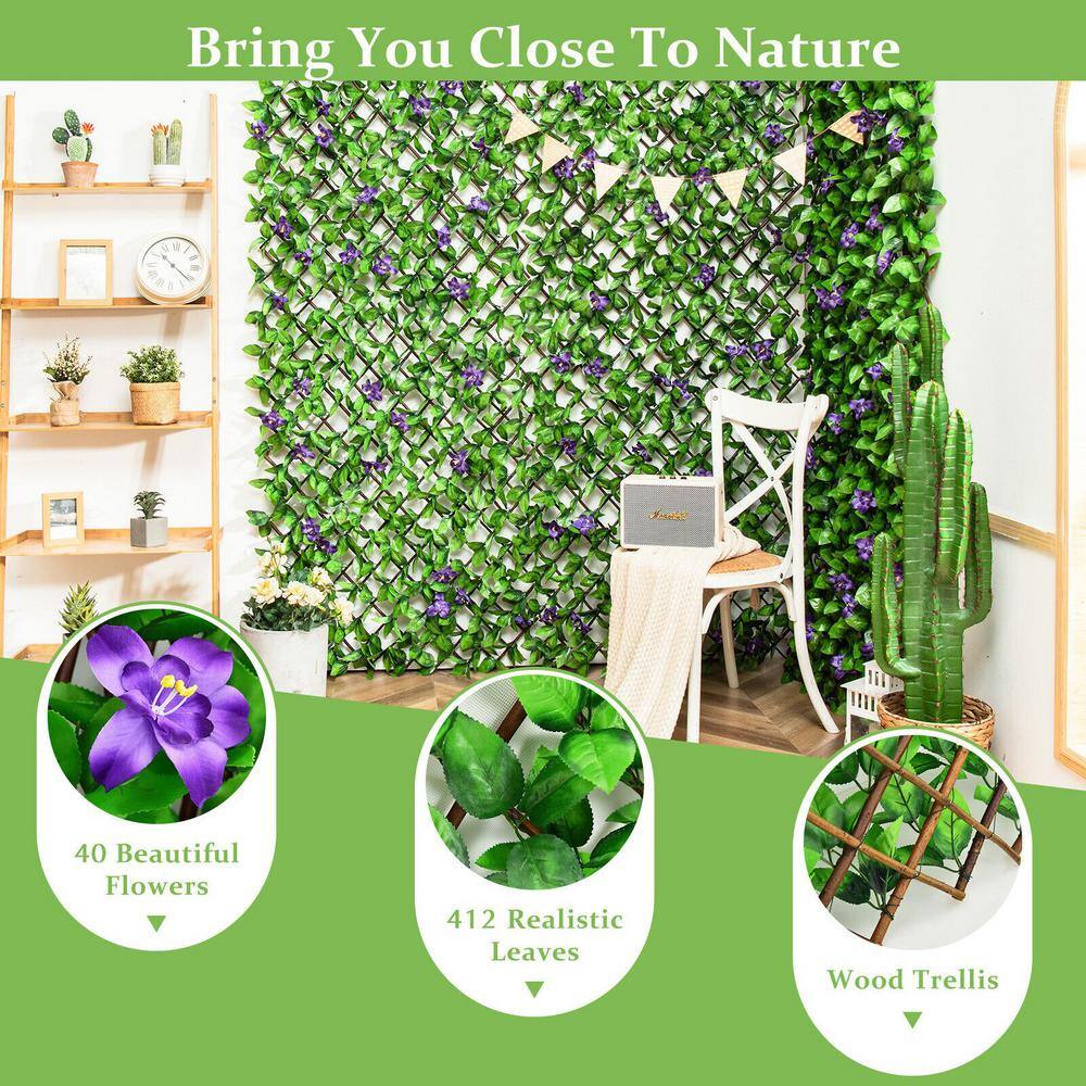 WELLFOR 79 in. W x 39 in. D Willow and Polyester Faux Ivy Privacy Garden Fence with Purple Flower (4-Piece) NP-HPY-10481PU-4