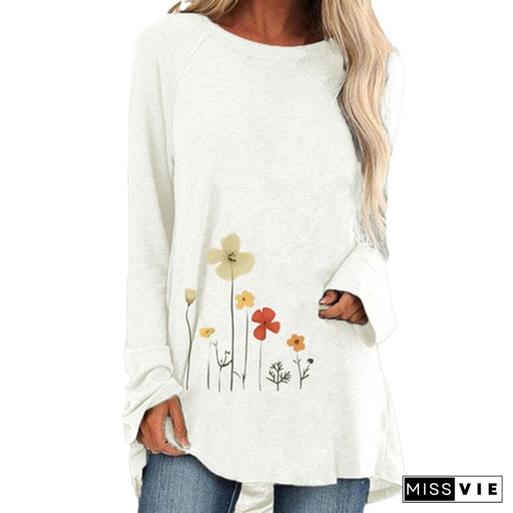 Spring and Autumn Plus Size Fashion Women Clothing Flowers Printed Casual T-shirt Ladies Long Sleeve Round Neck Pullover Tops