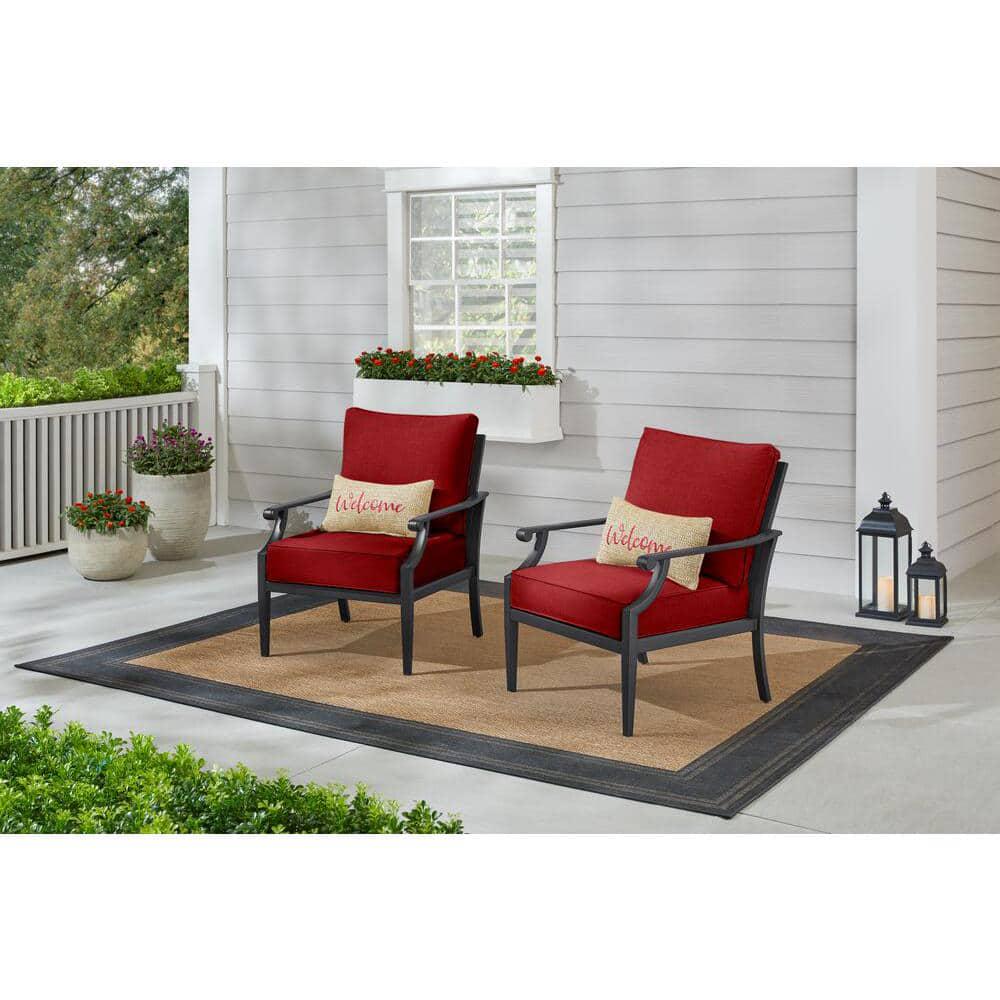 Hampton Bay Braxton Park Black Steel Outdoor Patio Lounge Chair with CushionGuard Chili Red Cushions