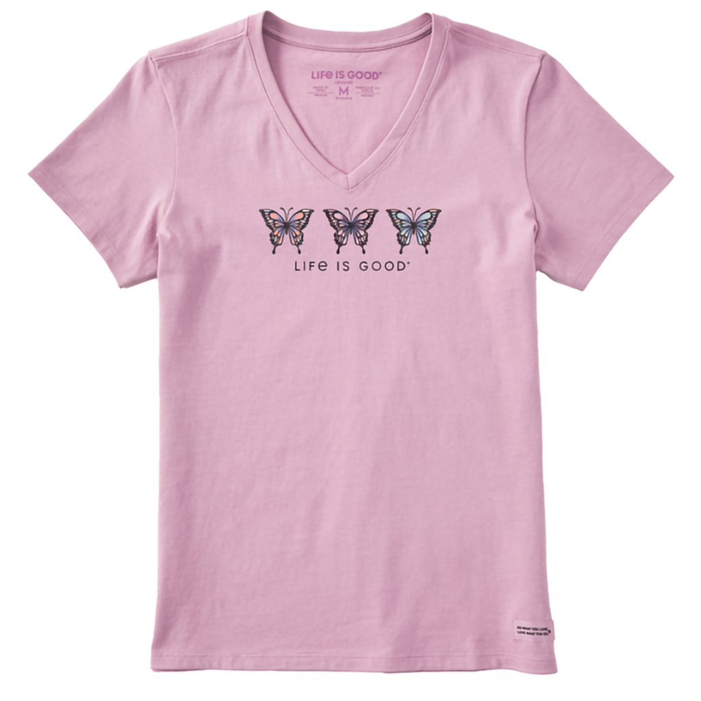 Life Is Good  Women's Three Sketchy Butterflies Short Sleeve Vee