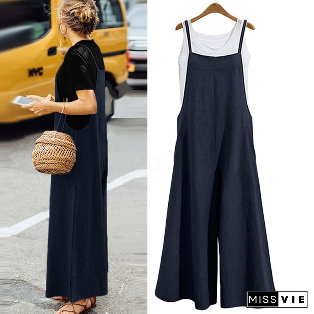 Women's Loose Conjoined Wide Leg Pants Casual Jumpsuit Linen