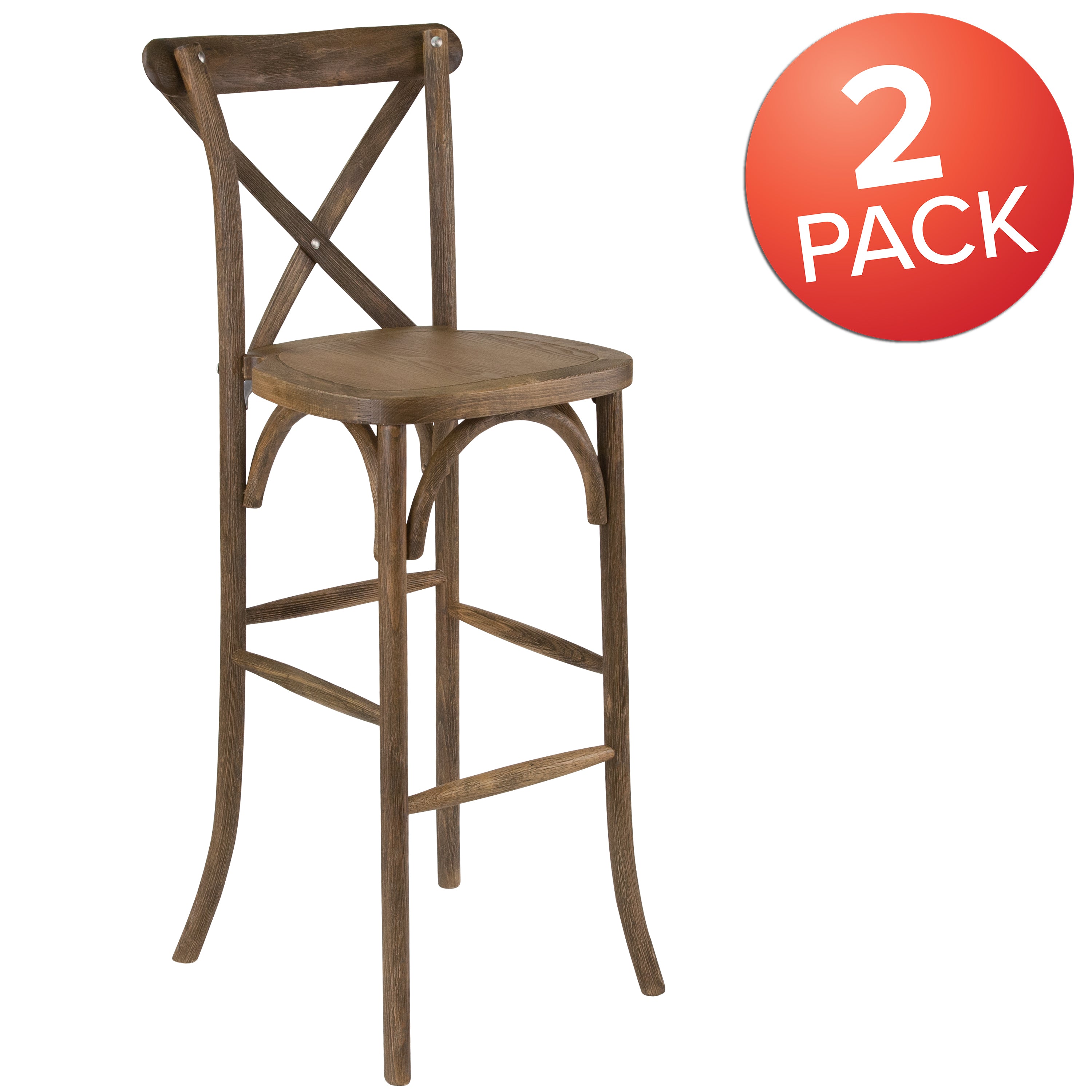 BizChair 2 Pack Dark Antique Wood Cross Back Barstool