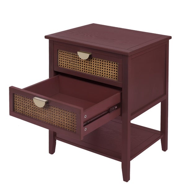 Wooden End Table with 2 Drawers Made Of Rattan