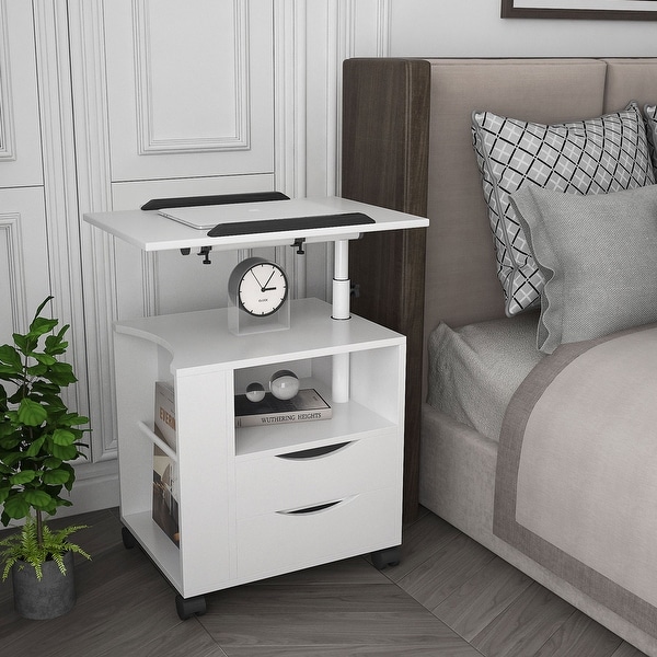 Movable End Table with Height Adjustable Swivel Top and 2 Drawers， Wood End Table with Open Shelf and Q-Type Clip