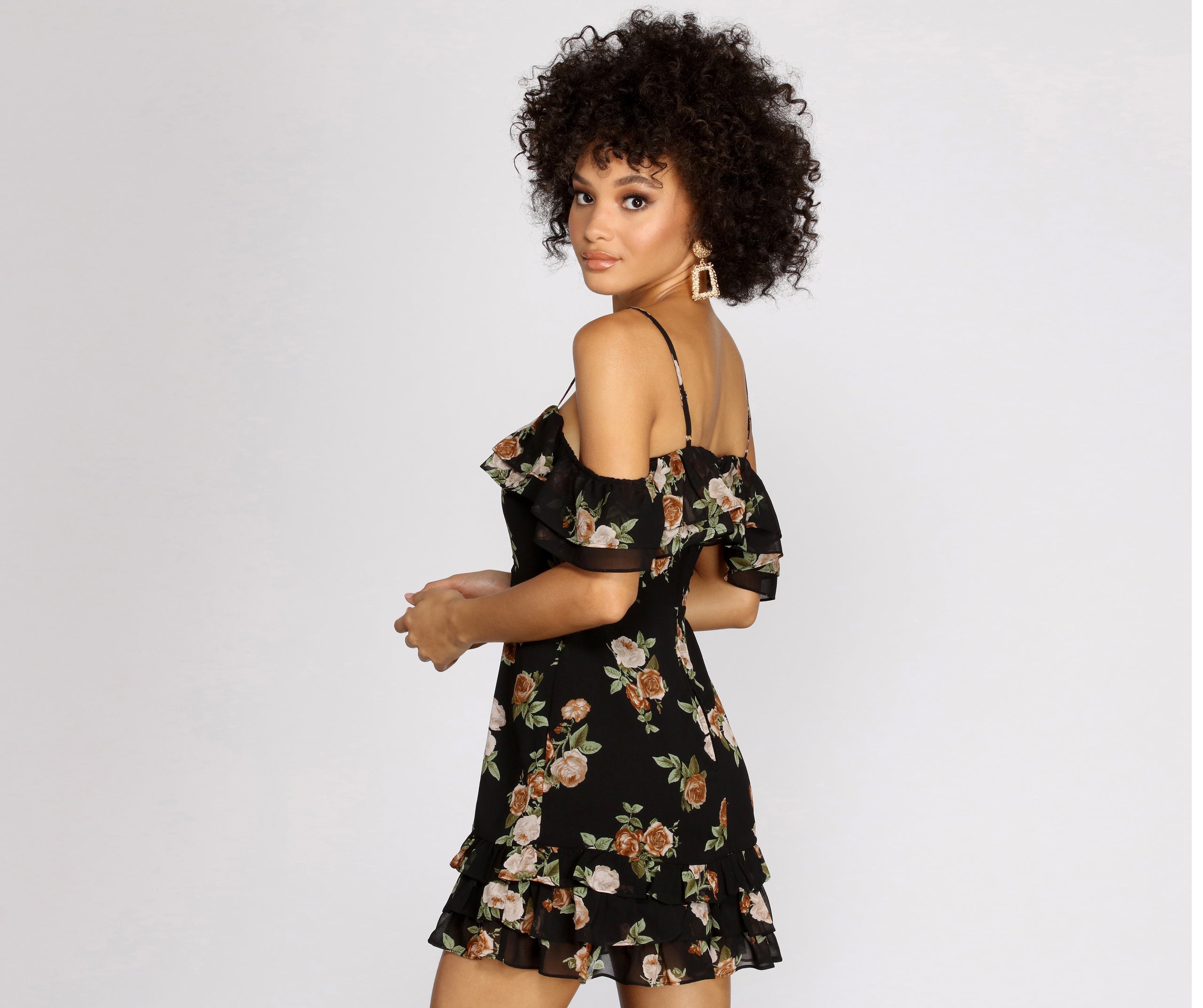 Floral Feeling Chiffon Off Shoulder Mini Dress