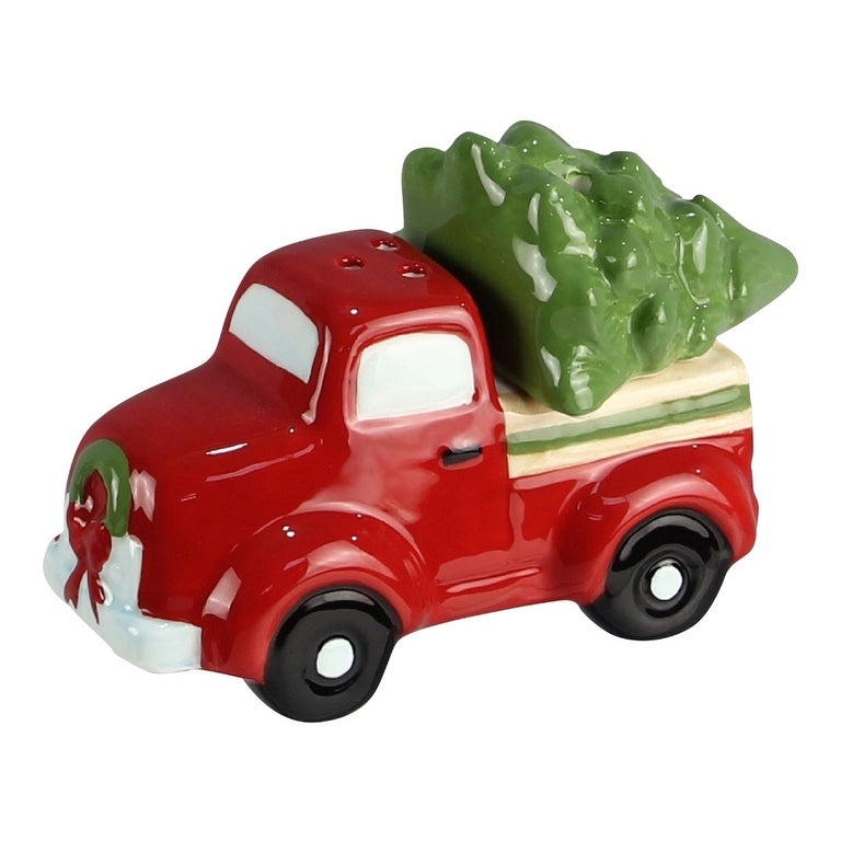 Young's Red Pickup Truck Hauling Christmas Holiday Tree Salt and Pepper Shakers