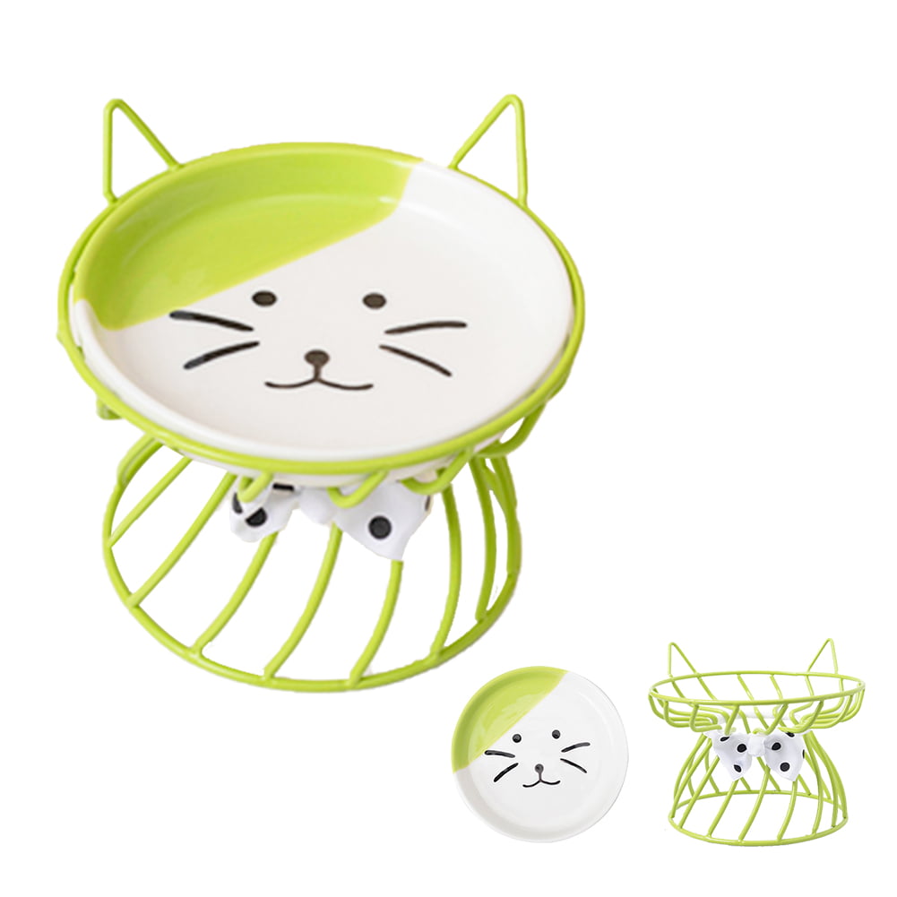 Feelers Cat Bowls, Raised Ceramic Cat Dish with Metal Stand, Elevated Cat Food Bowl for Indoor Kitten, Cat, and Small Dog, Dishwasher Safe, Green