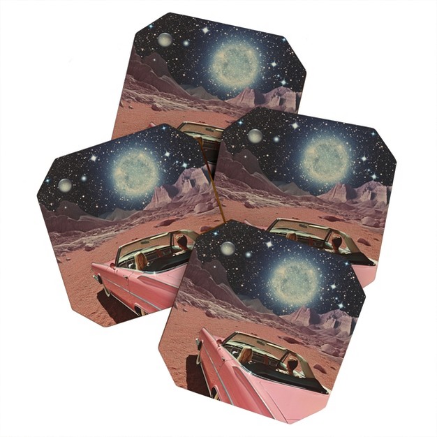 Samantha Hearn Pink Car In Space Vintage Coaster Set Deny Designs