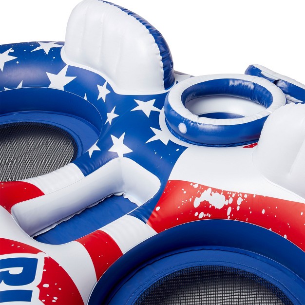 Intex 56855vm River Run Inflatable American Flag 2 Person Water Lounge Pool Tube Float With Built In Cooler Cup Holders And Patch Repair Kit