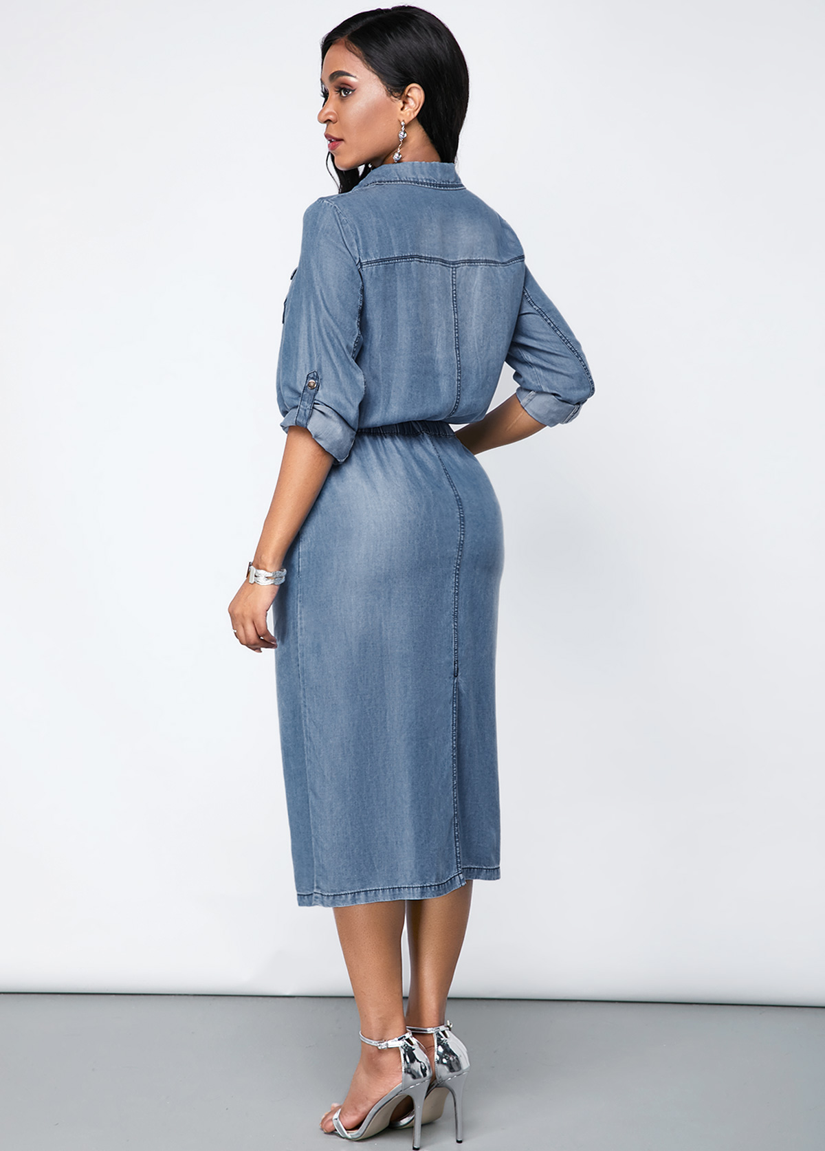 Denim Chest Pocket Turndown Collar Dress