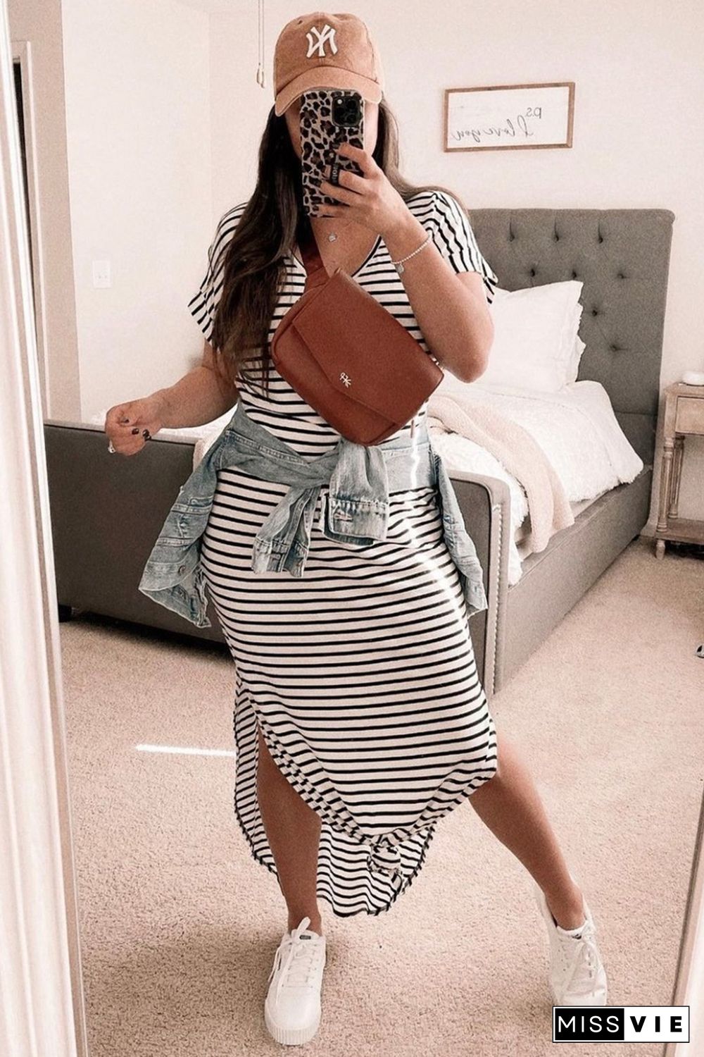 Black Striped Print Side Split Short Sleeve V Neck Maxi Dress