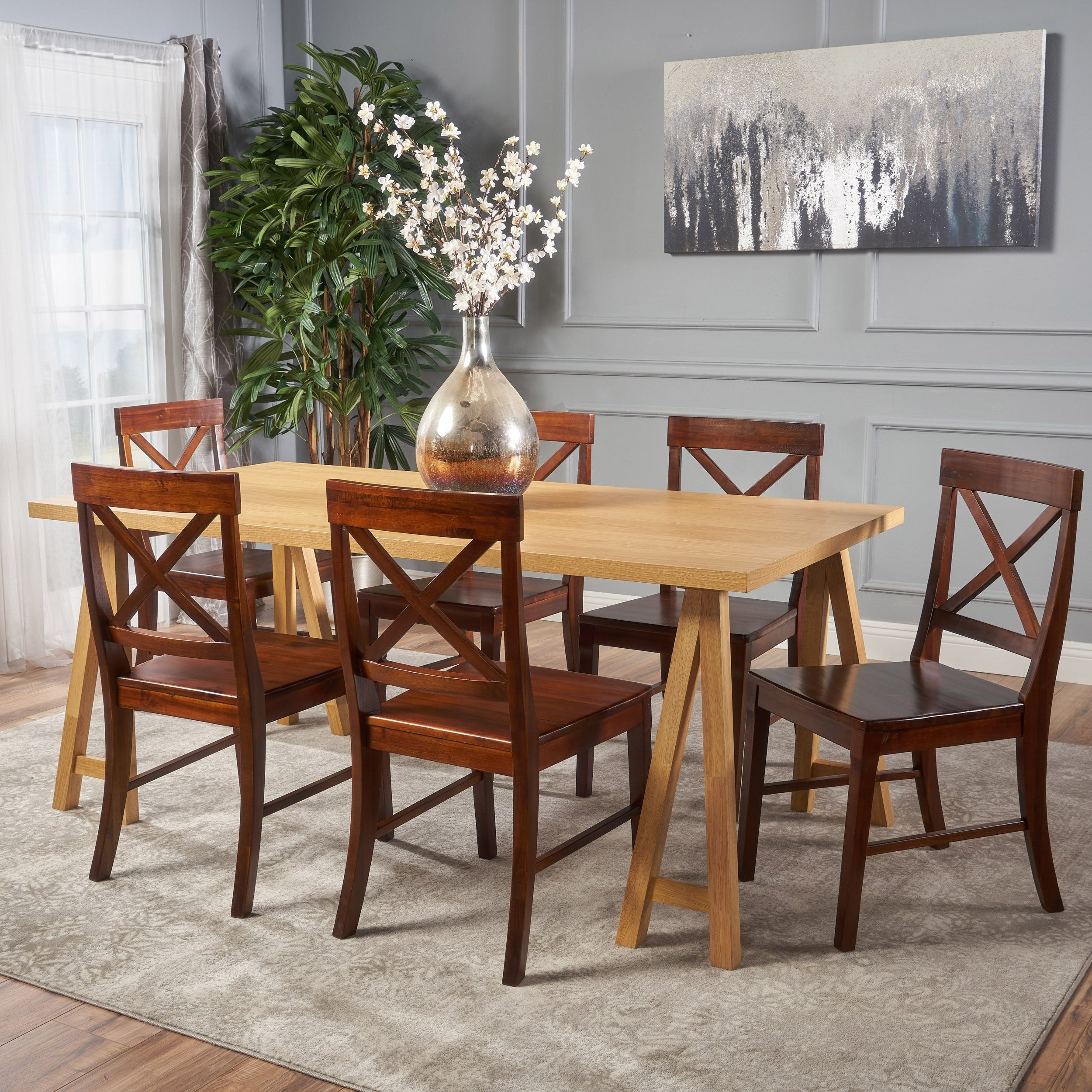 Sambora Farmhouse 7 Piece Dining Set w/ Rich Mahogany Chairs