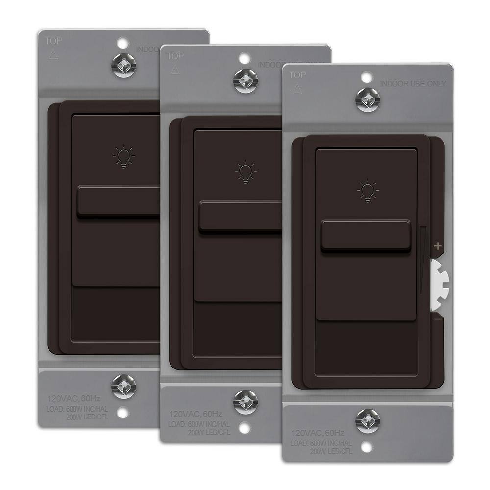 TOPGREENER Kalide 200-Watt Single Pole Slide Dimmer Light Switch No Neutral Brown (3-Pack) TGDS1-BR-3PCS