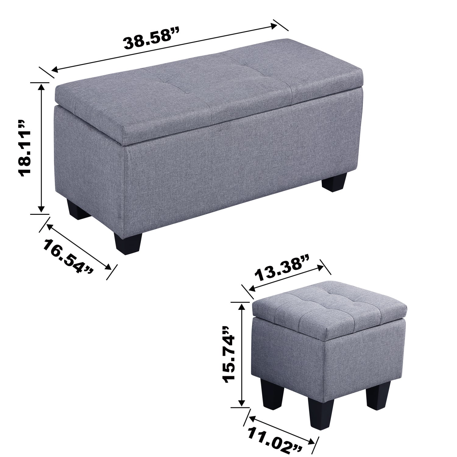 Holaki 3PCS Large Storage Ottoman Bench Set, 3 in 1 Combination Ottoman, Tufted Ottoman Linen Bench for Living Room, Entryway, Hallway, Bedroom, Gray