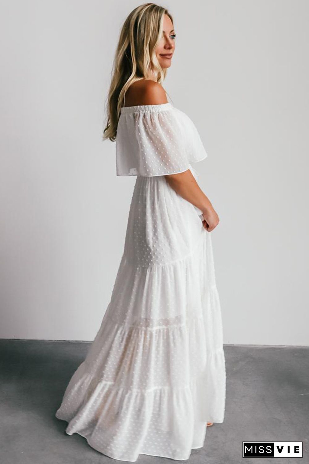 White Off Shoulder Ruffle Swiss Dot Maxi Dress