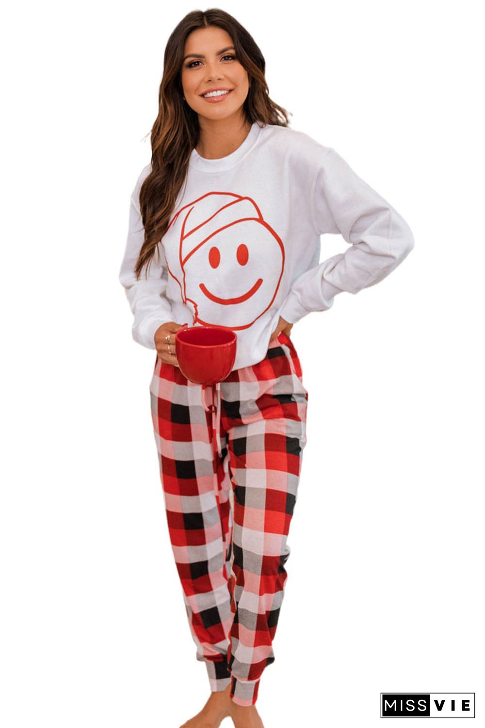 White Christmas Smile Face Print Top and Plaid Pants Lounge Set