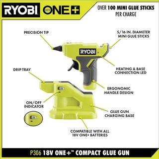 RYOBI ONE+ 18V Cordless Compact Glue Gun Kit with 2.0 Ah Battery 18V Charger and 24-Pack 516 in. x 6 in. Mini Glue Sticks P306-PSK005-A1932401