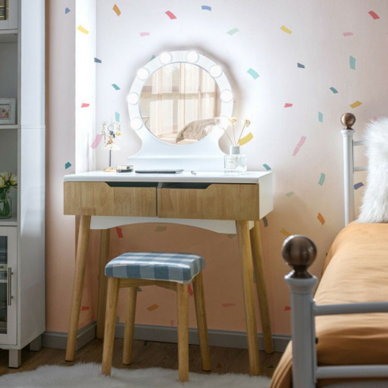 Dressing Table with Large Round Mirror and 8 Light Bulbs for Bedroom