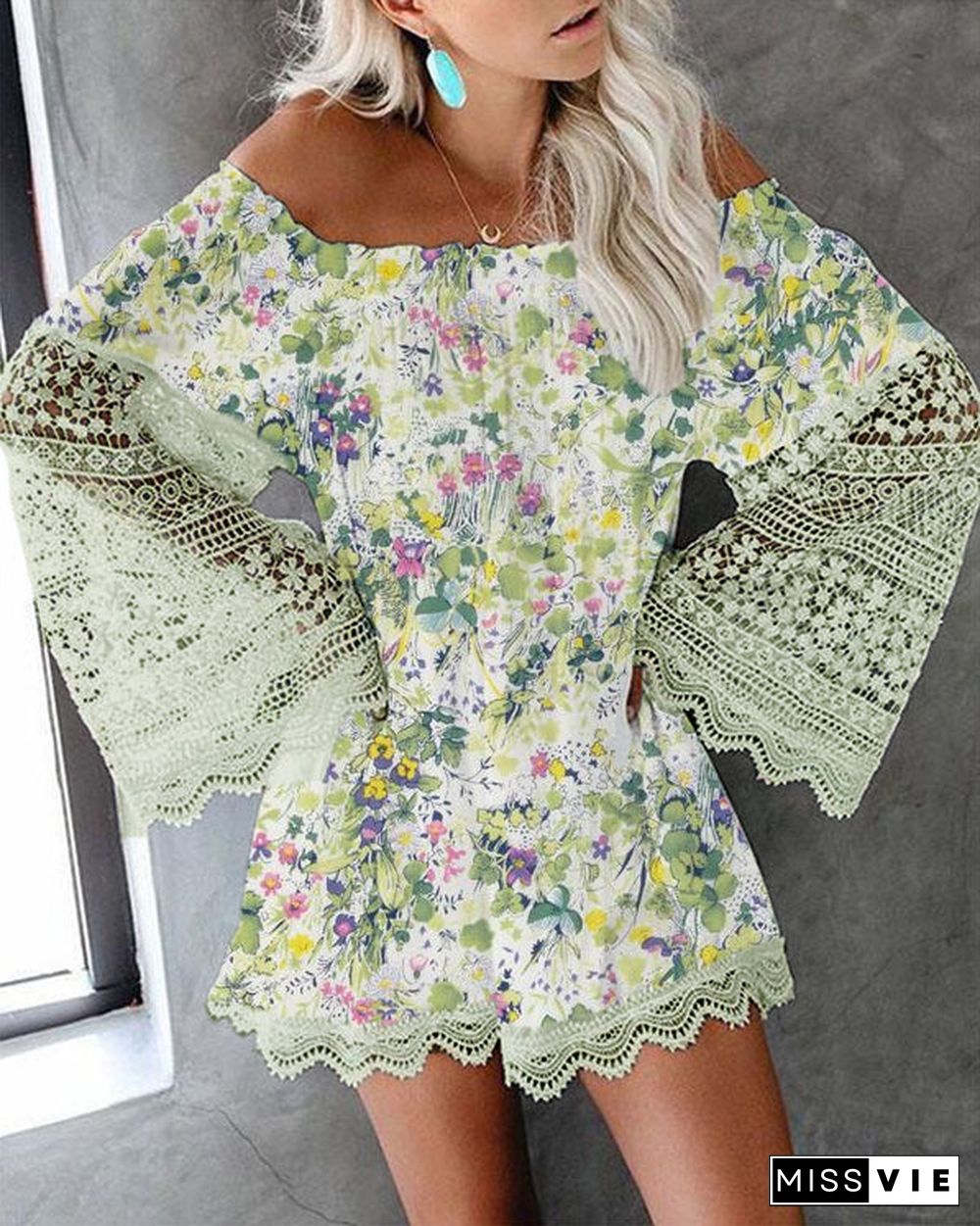 Long-Sleeve Off-Shoulder Printed Lace Loose Mini Dress S-5XL